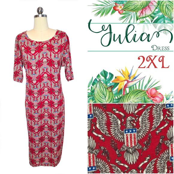 LuLaRoe Julia Dress 2XL Patriotic Americana Red Eagle Stars Stripes USA Flag - Picture 10 of 10